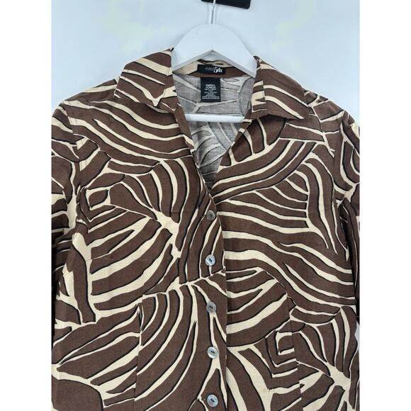 East 5th Button Up Womens Small Brown Zebra Striped Linen 3/4 Sleeves Collared - Picture 6 of 16